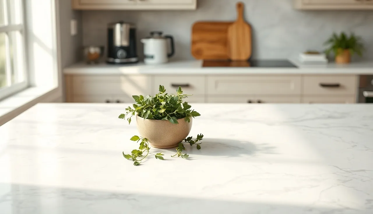 Honed marble kitchen countertop with soft matte surface and gray veining in morning light
