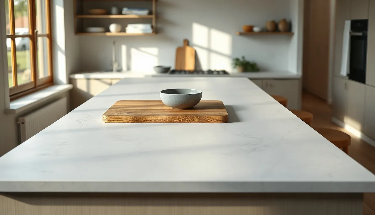 Close view of a honed quartz countertop surface in a bright kitchen with natural light