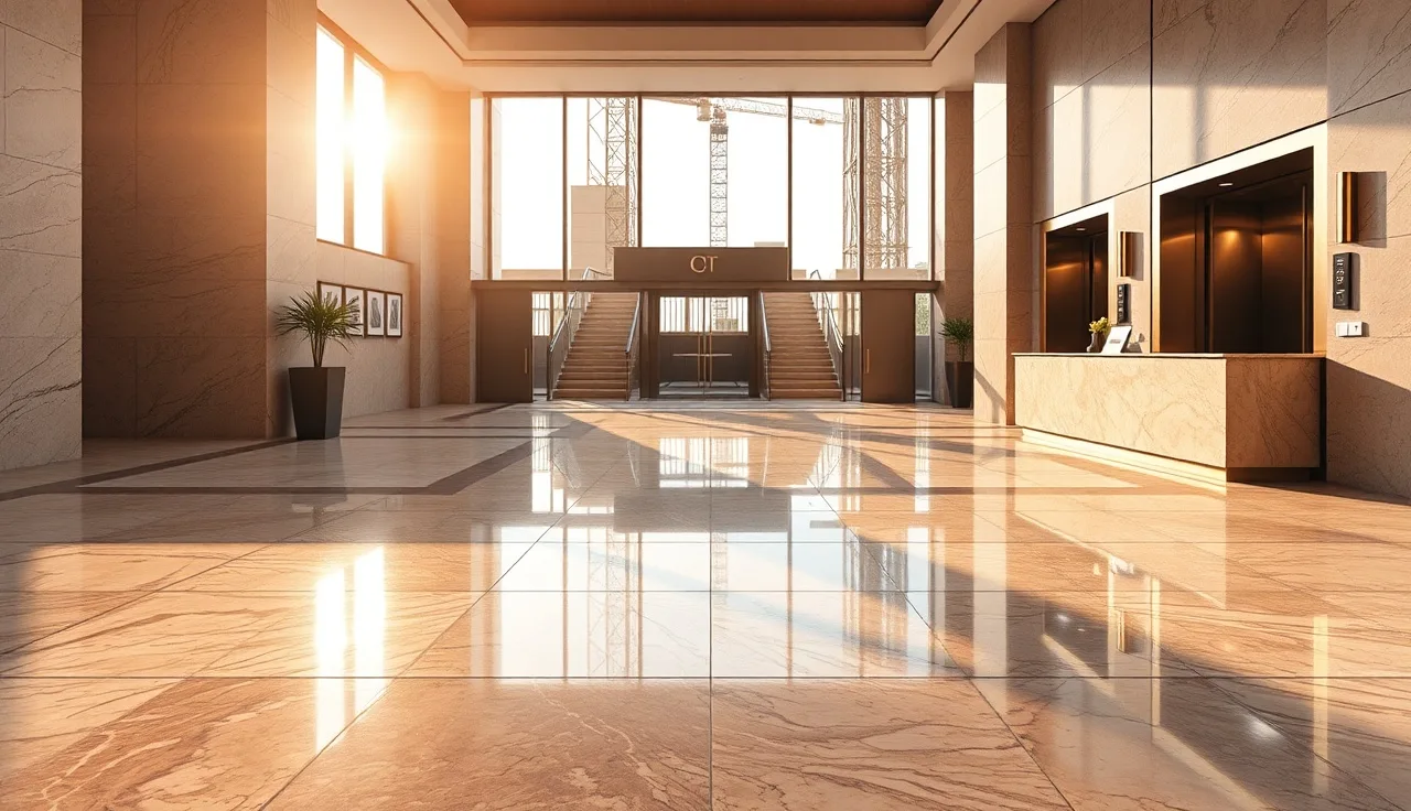 Polished marble hotel lobby reception desk with veined stone surface during finishing phase