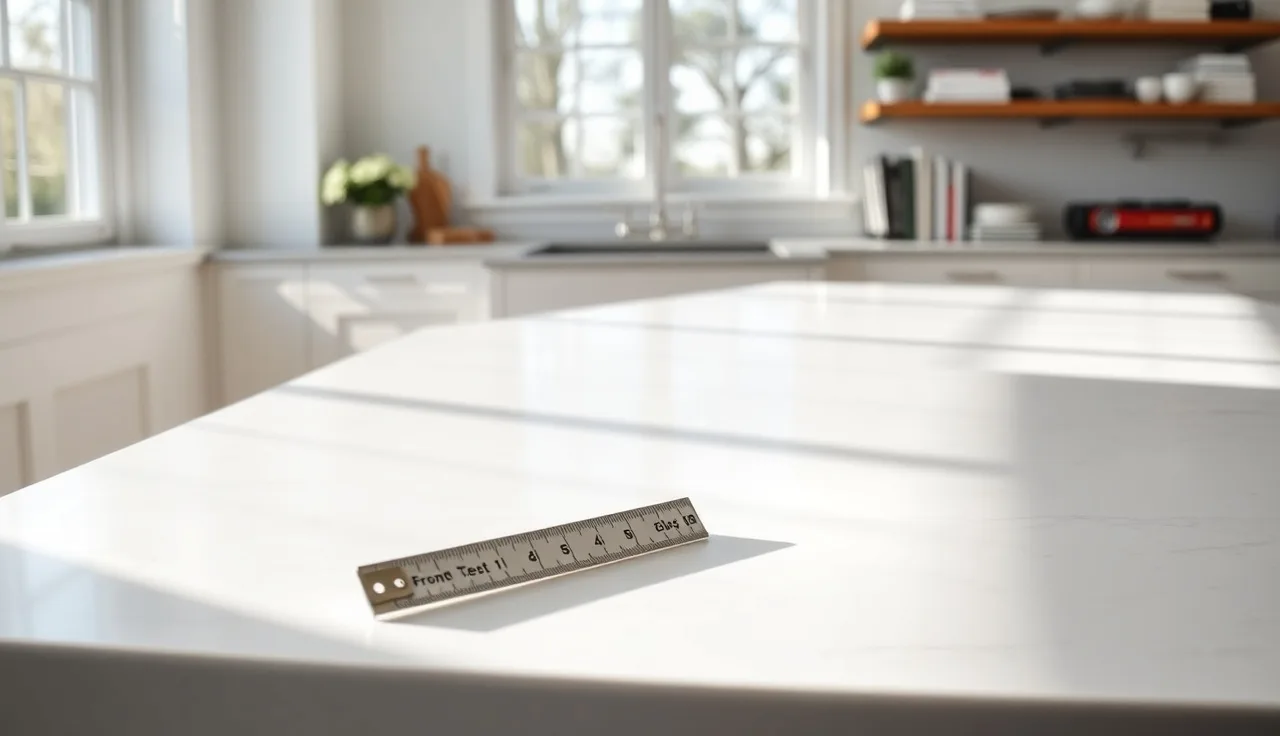 Side view of a white quartz kitchen countertop with tape measure showing depth