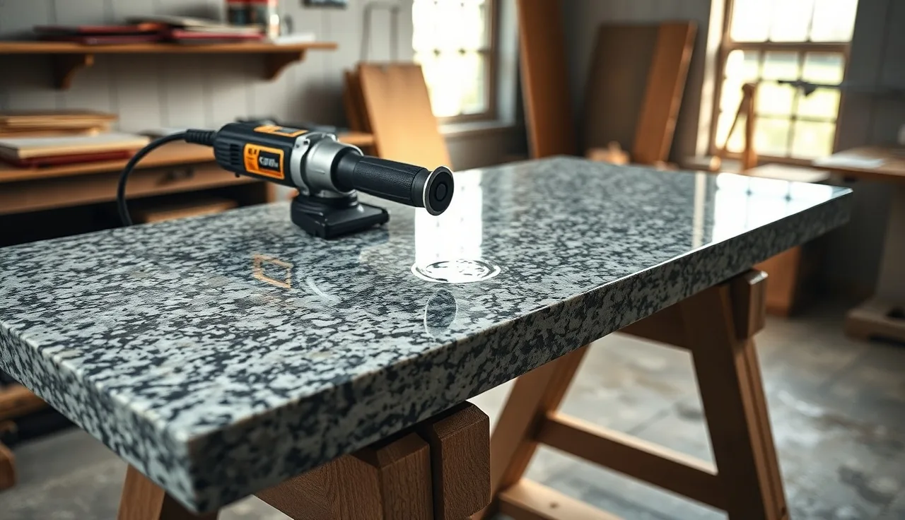 Angle grinder with diamond blade resting on a granite slab being cut in a workshop