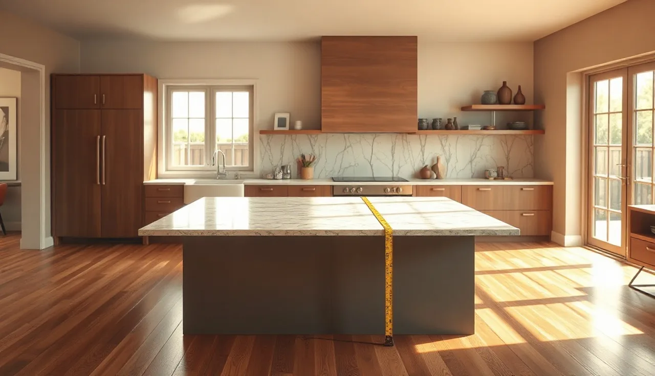 Measuring tape showing countertop height from floor to stone surface in modern kitchen