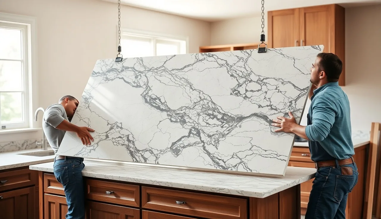 Two installers positioning a granite slab onto kitchen cabinets during countertop installation