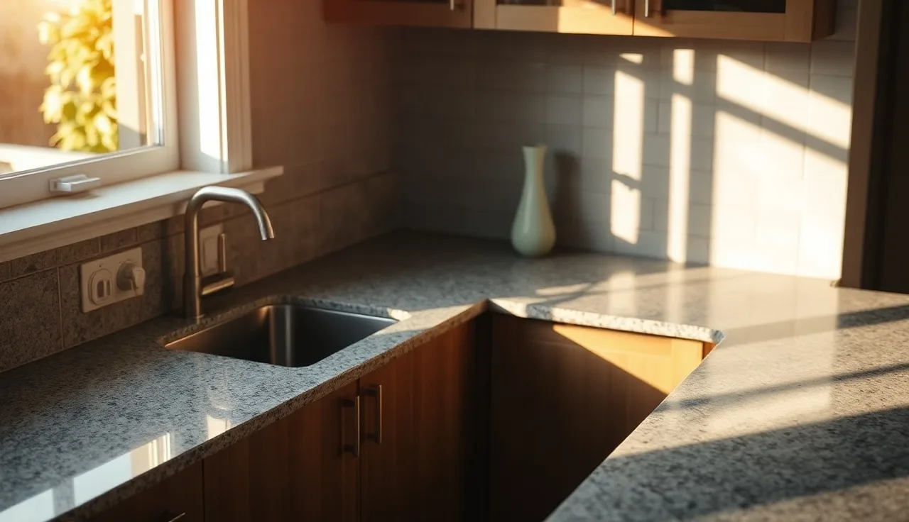 Polished granite kitchen countertop with undermount sink in morning light