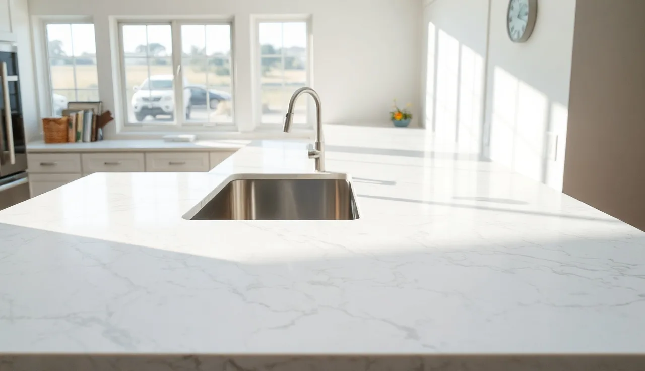 White veined quartz countertop with undermount sink in a sunlit kitchen