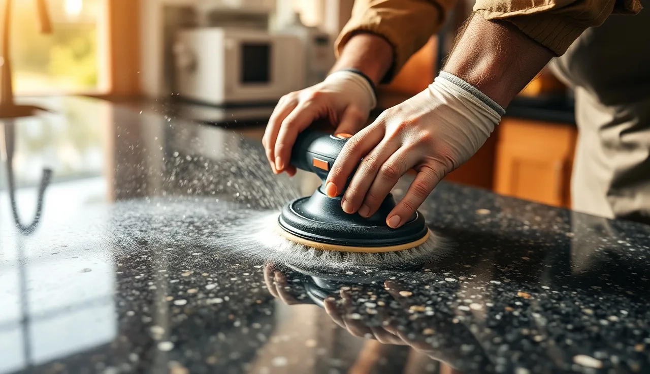 Stone technician wet-polishing a granite kitchen countertop with a professional grinder
