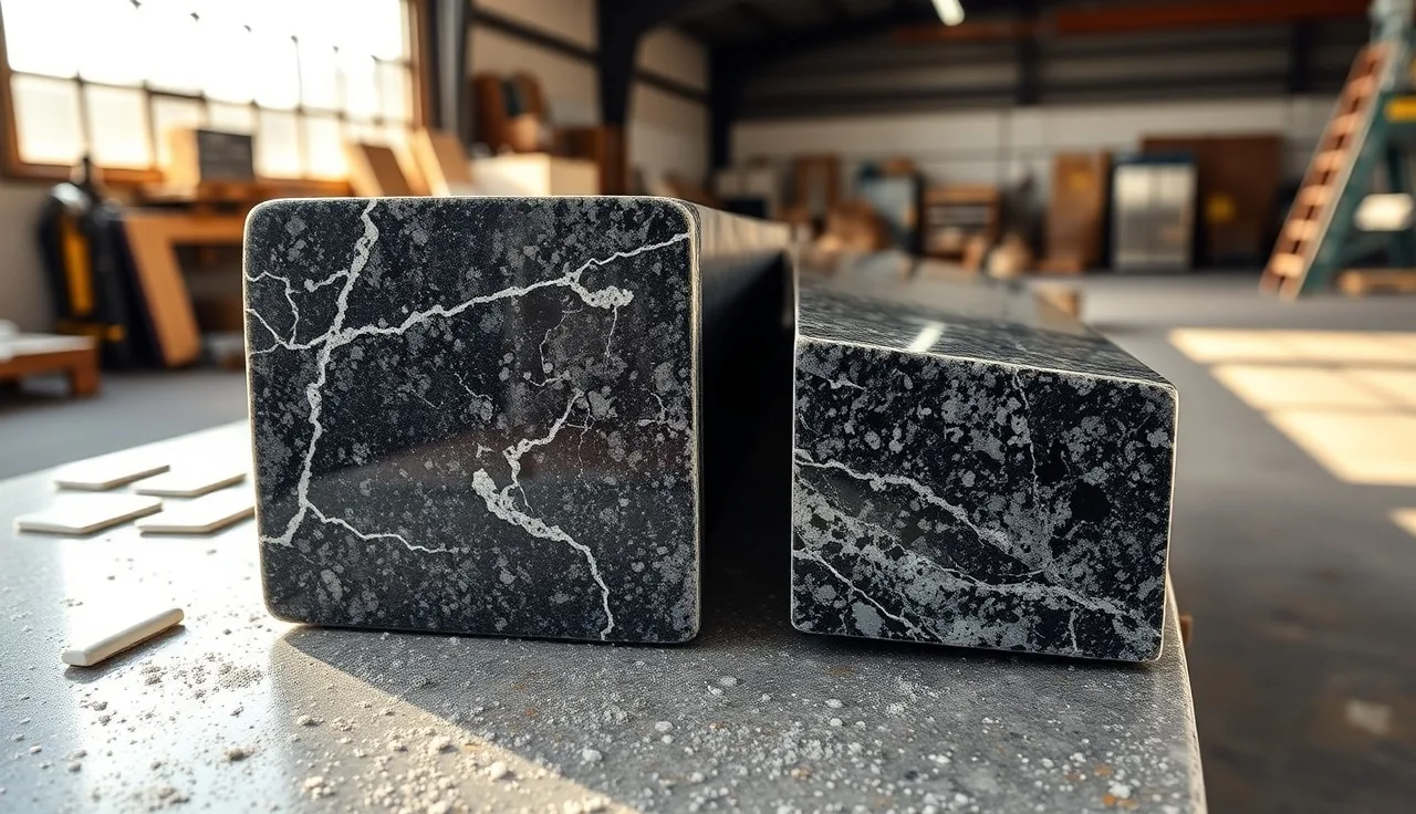 Two granite slab edges of different thicknesses resting on a fabrication shop workbench