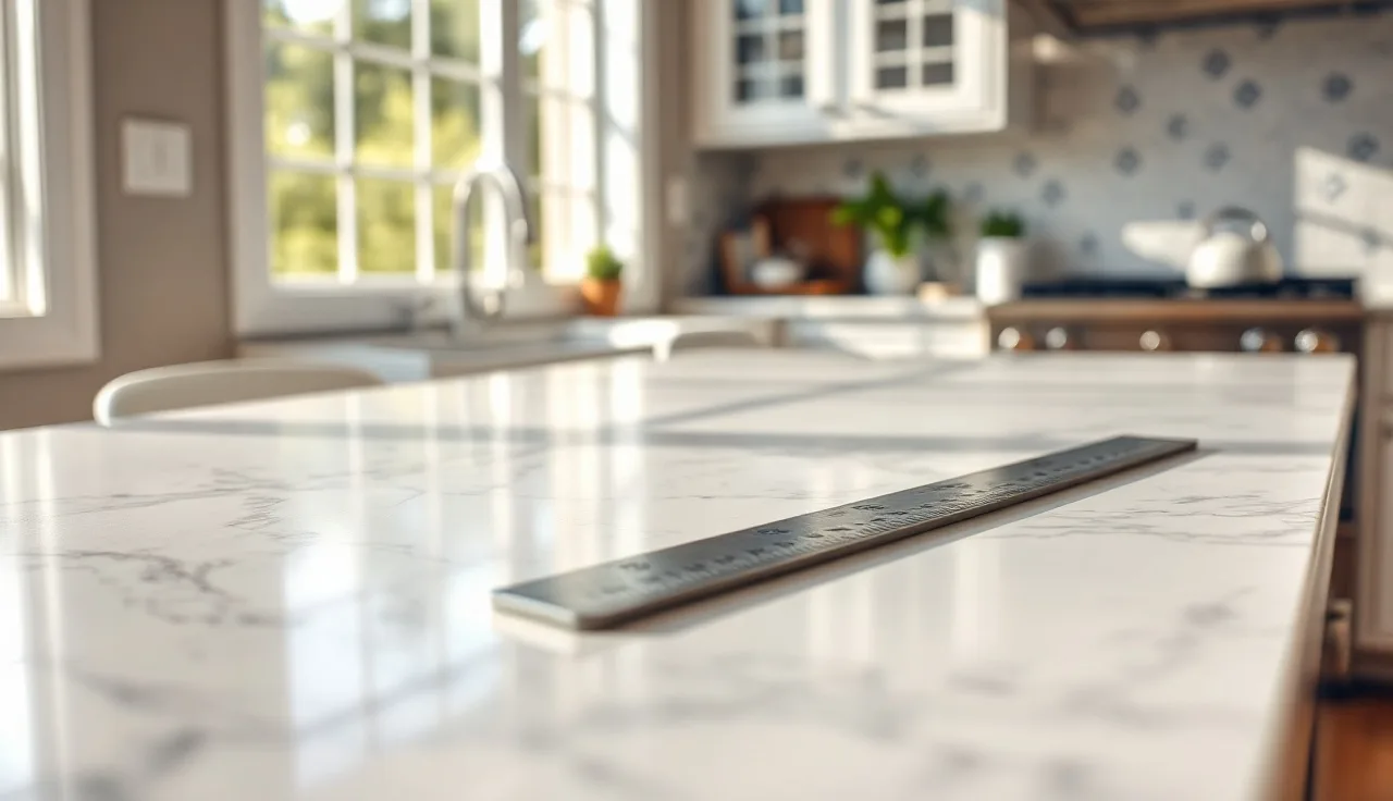 Close-up of a 3 cm quartz countertop edge with steel ruler showing thickness