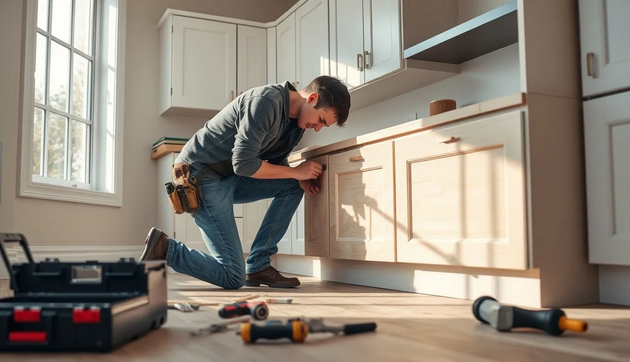 Installer securing 3/4-inch birch plywood subtop to kitchen base cabinets before granite installation