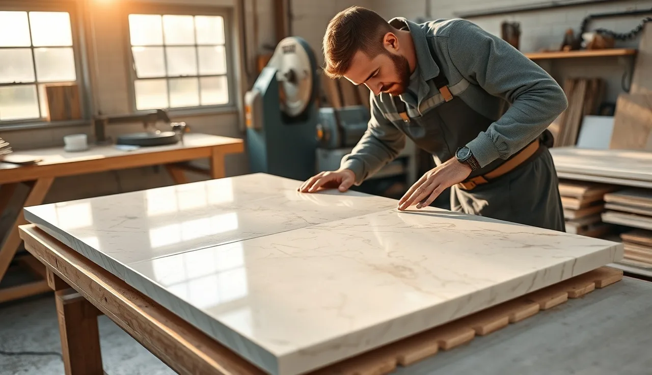 Fabricator aligning marble slab vein lines at a countertop seam on a shop table