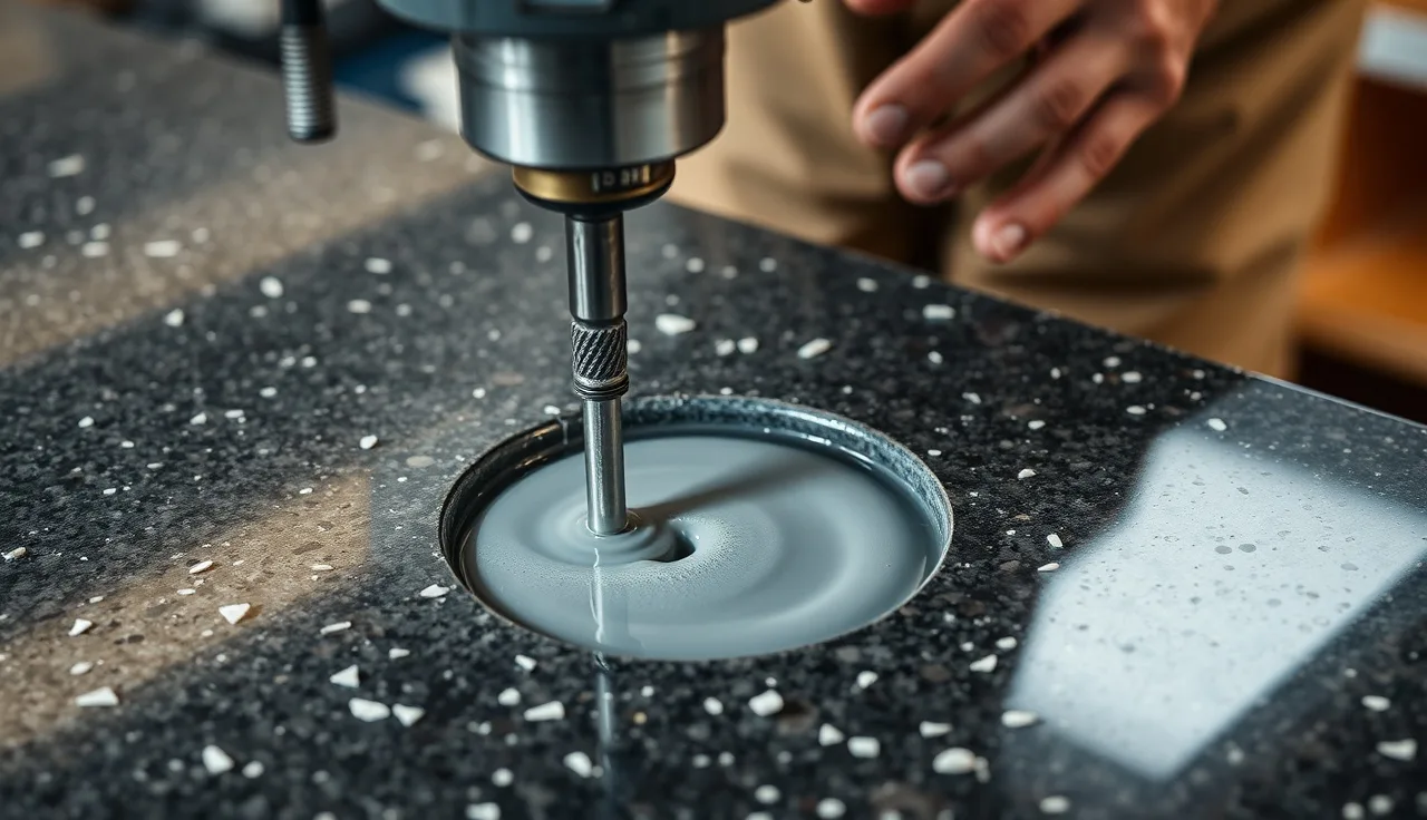 Diamond core bit drilling an air switch hole in installed granite countertop with water cooling