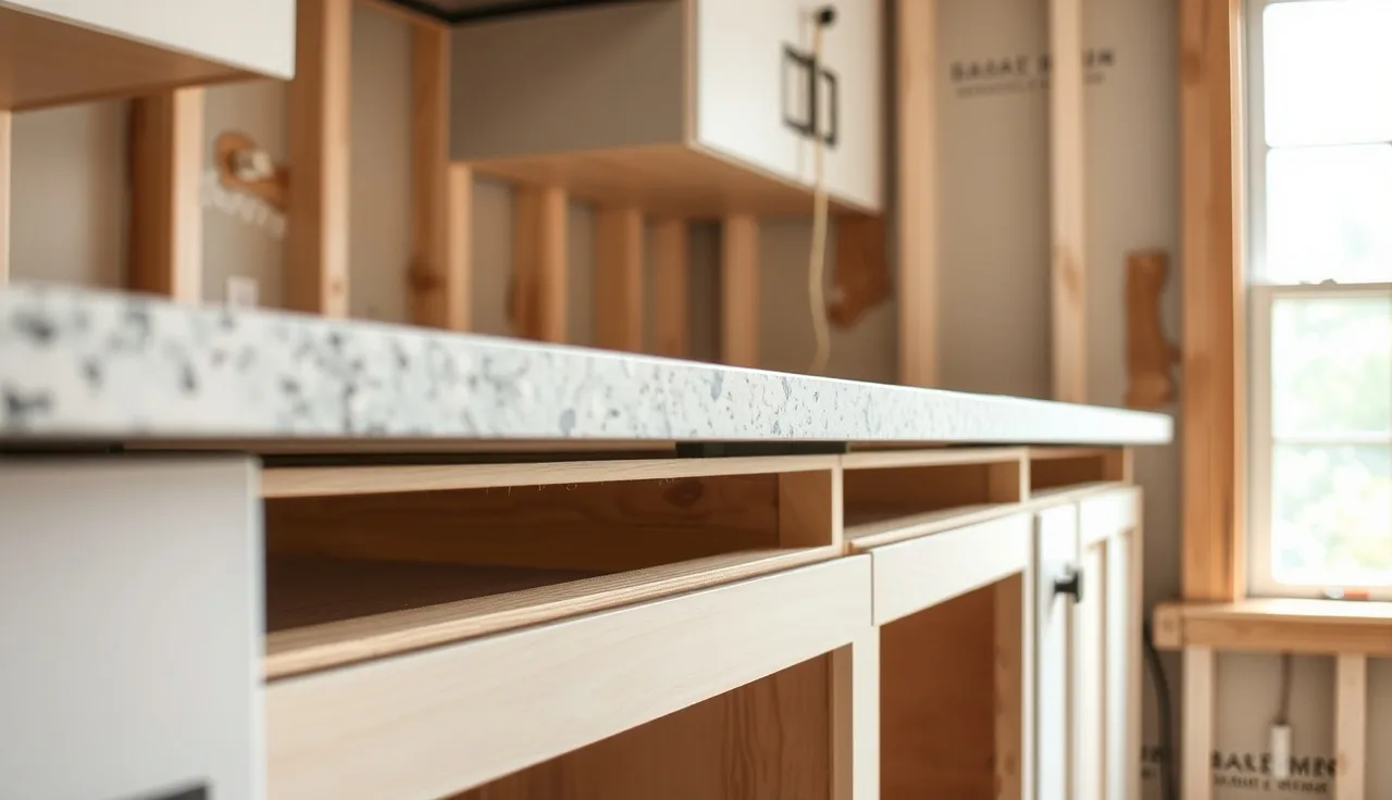 Stone countertop being set onto cabinet rails with adhesive beads during kitchen installation