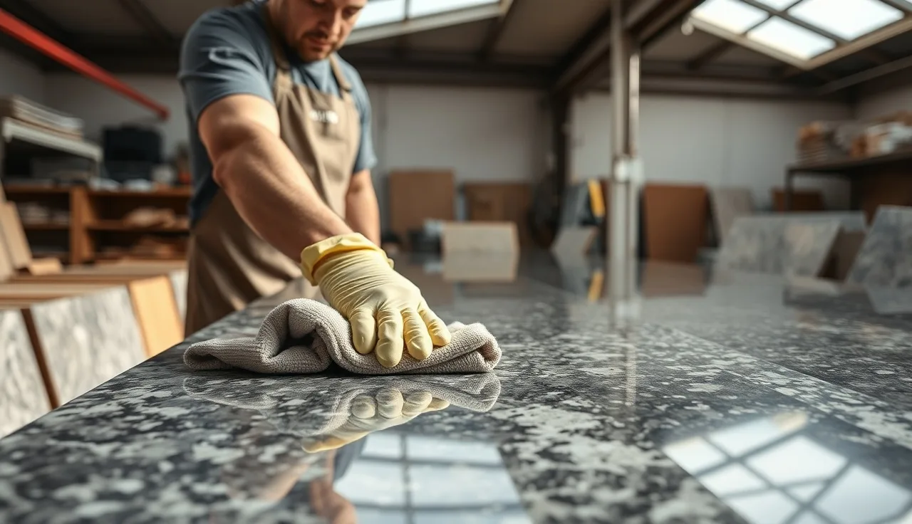 Shop worker applying penetrating sealer to polished granite countertop slab indoors