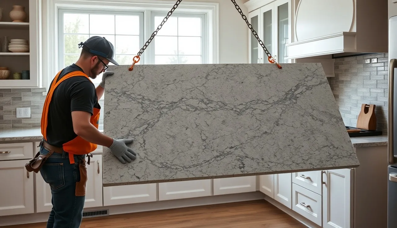 Two workers lowering a granite countertop slab onto kitchen cabinets using suction handles