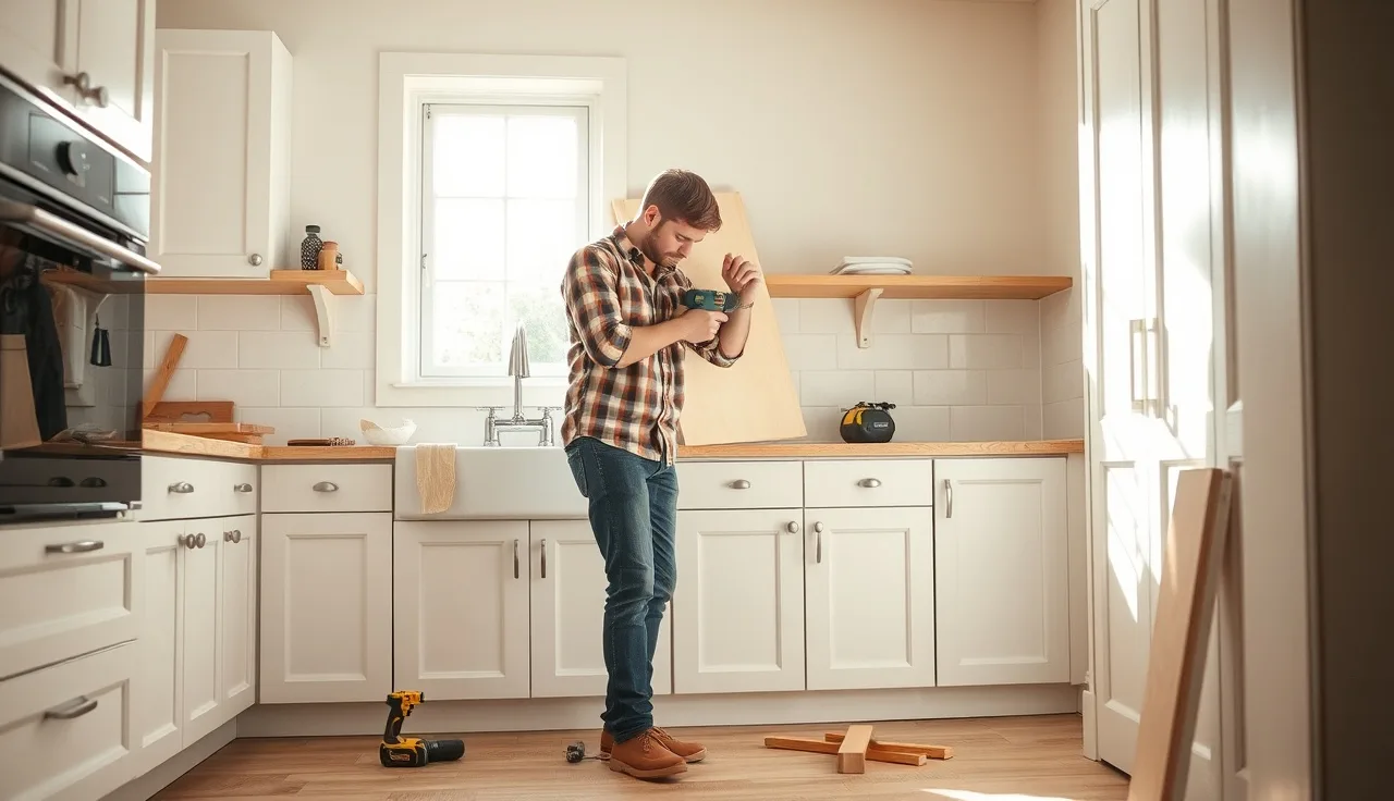 Carpenter screwing plywood subtop onto kitchen base cabinets before stone countertop installation