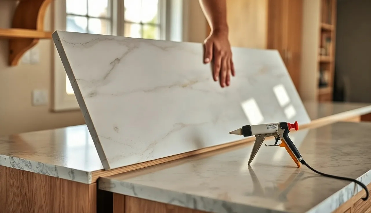 Hands setting a stone countertop onto cabinet rails during kitchen installation