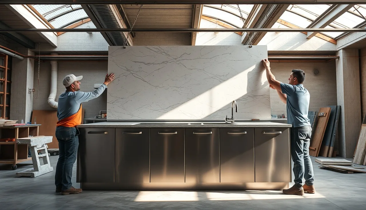 Two fabricators installing a large stone countertop slab in a commercial kitchen
