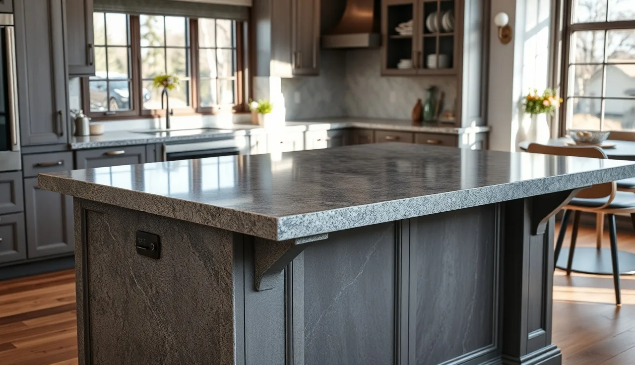 Grey granite peninsula countertop with steel corbels supporting a long overhang