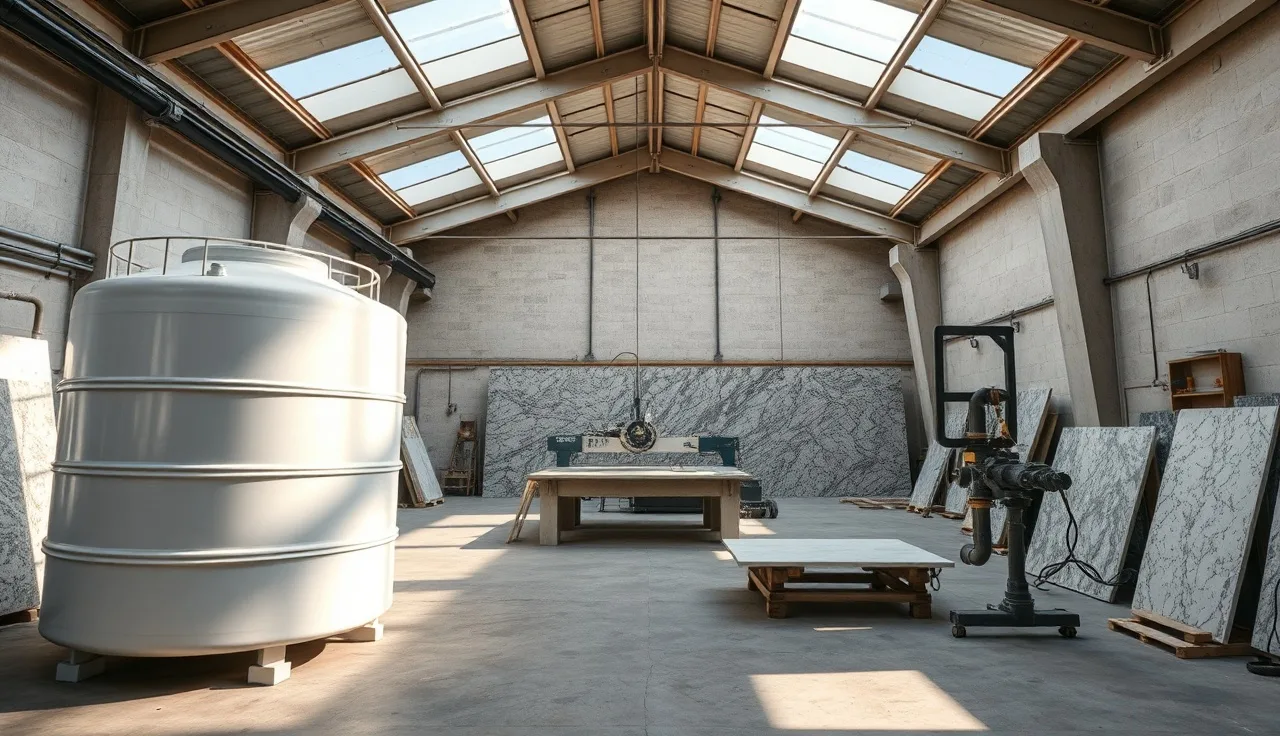 Stone shop water recycling tanks and pipe manifolds beside an operating bridge saw