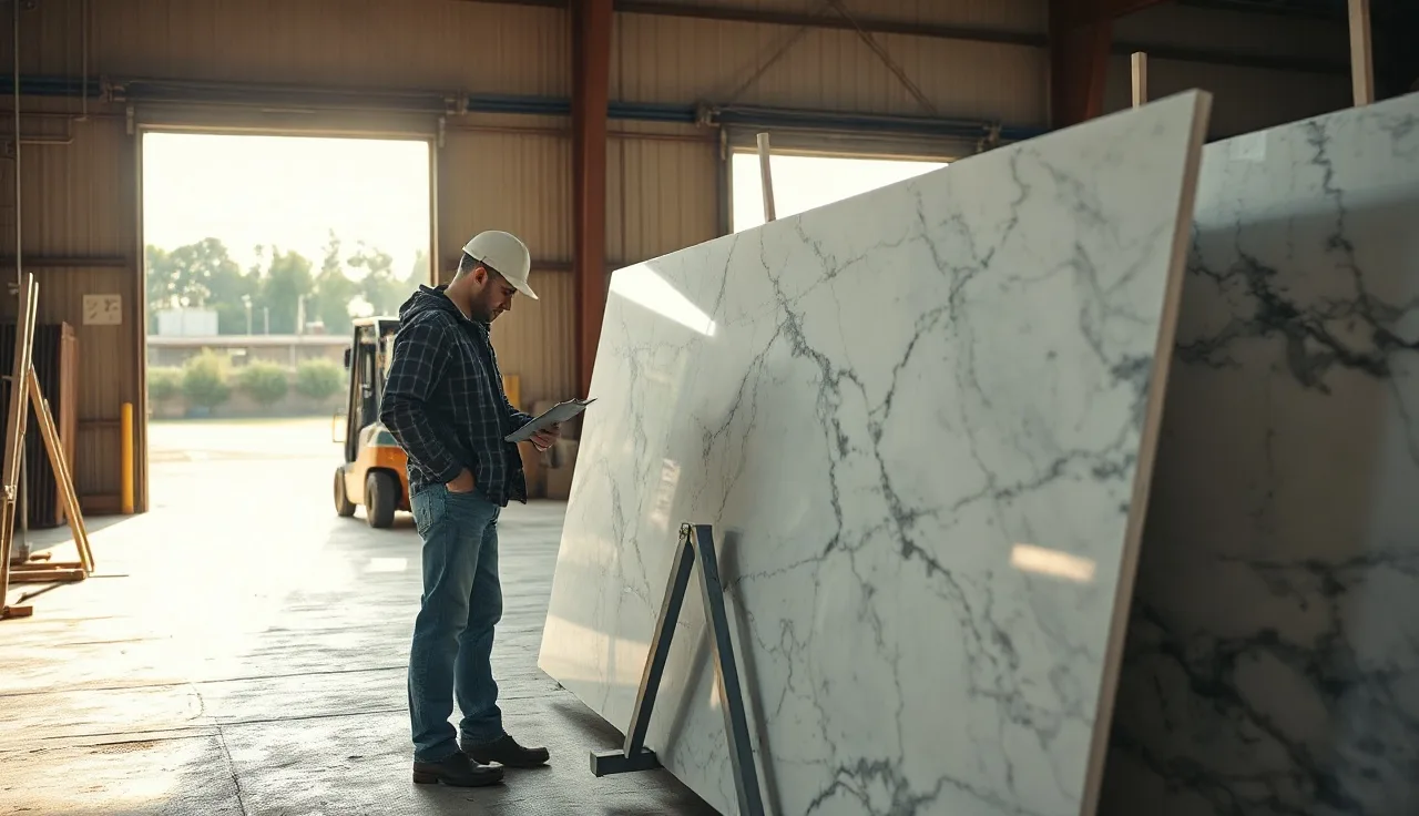 Fabricator examining marble slabs stacked on A-frames inside a stone importer warehouse