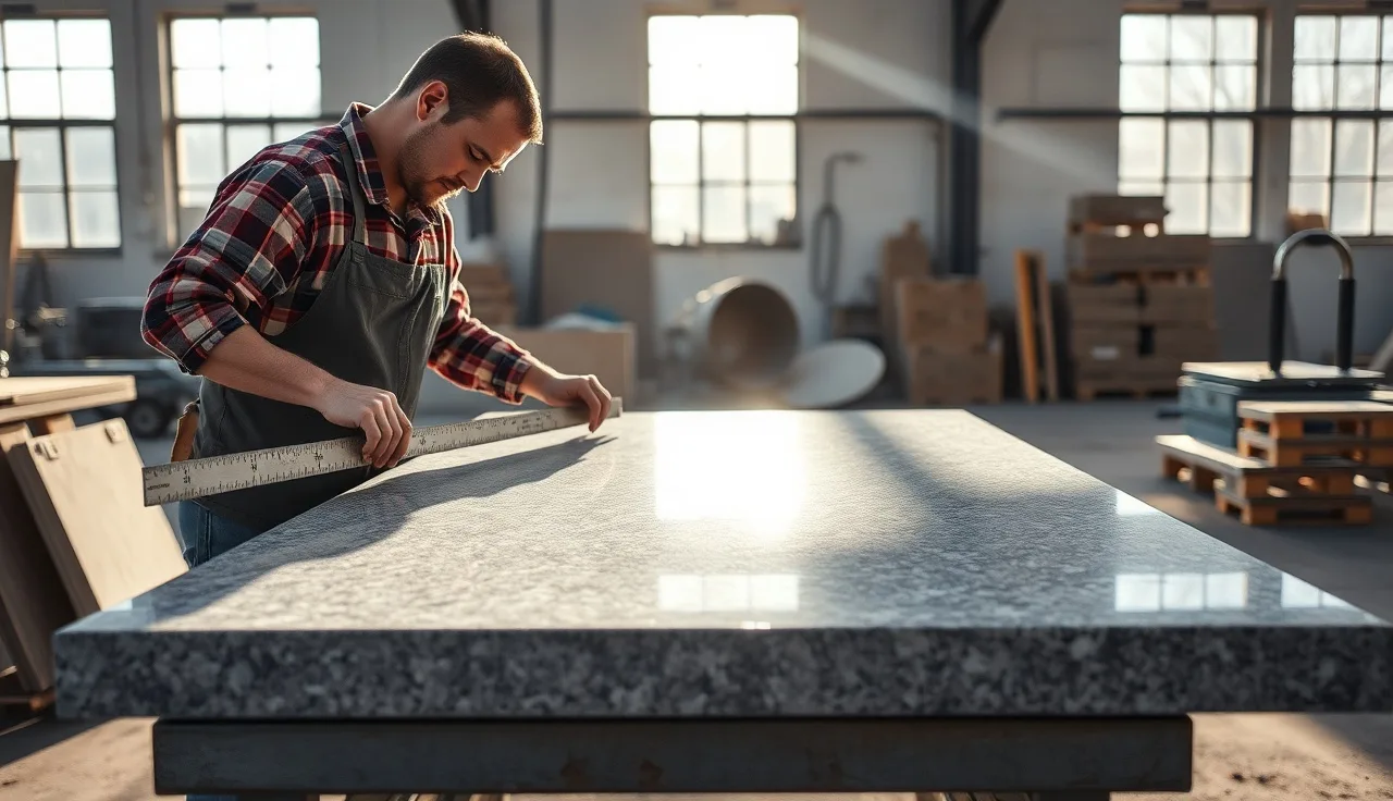 Fabricator measuring a granite slab on a workshop cutting table to calculate countertop labor cost