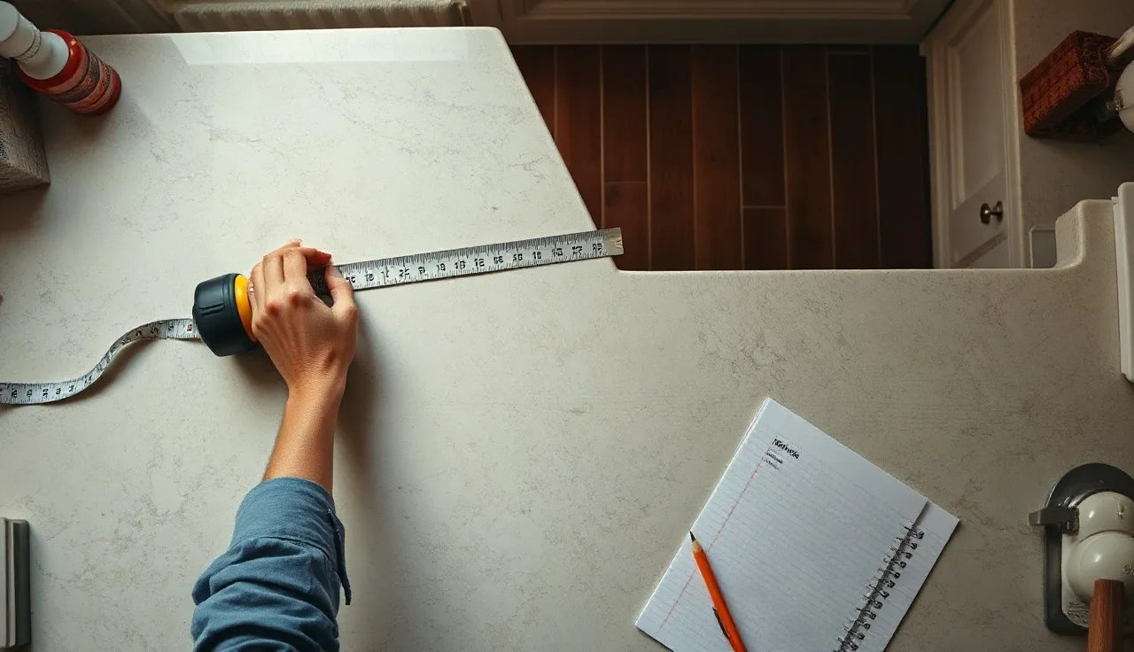 Person measuring an L-shaped kitchen countertop with a tape measure and notepad