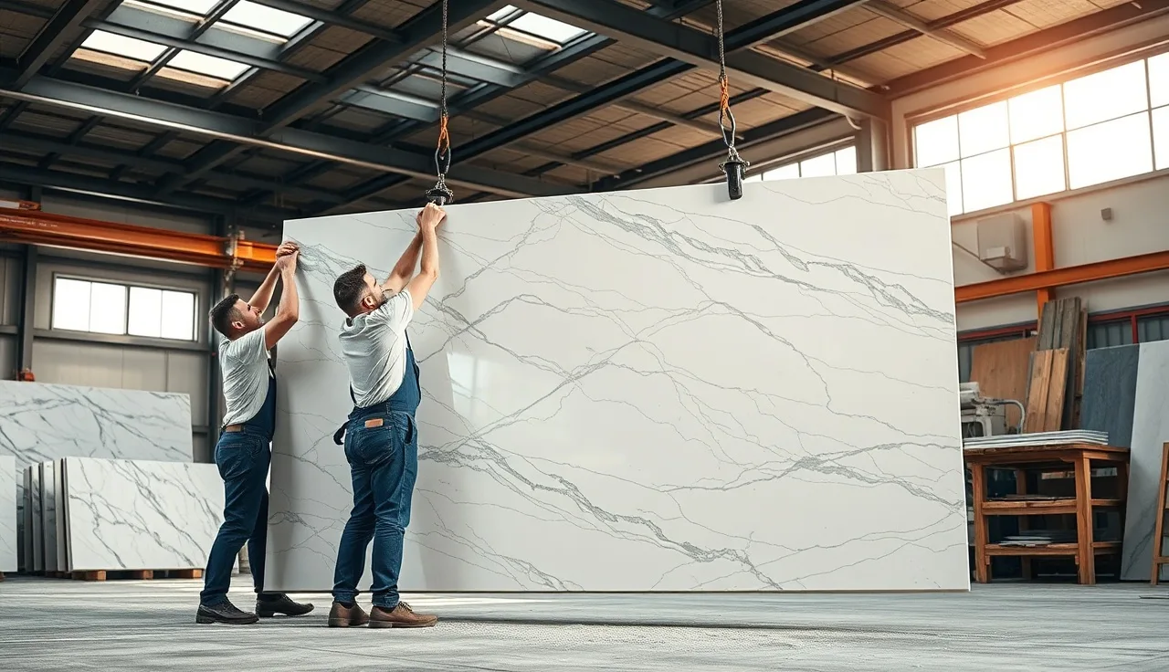 Two workers lifting a thick granite countertop slab in a stone fabrication shop