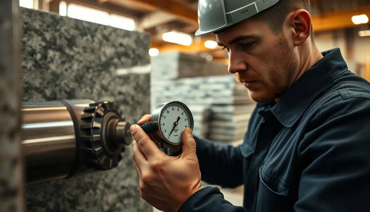 Technician measuring CNC spindle runout with a dial indicator in a stone countertop fabrication shop