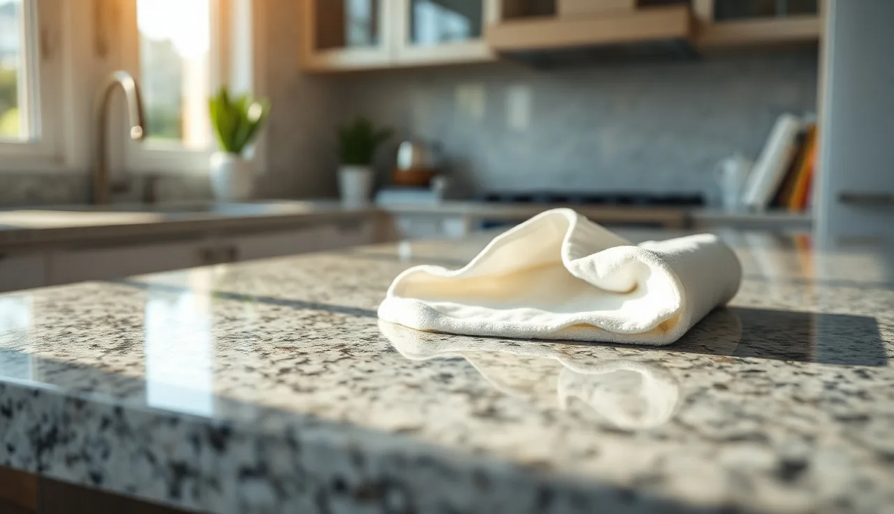 Hand wiping a polished granite kitchen countertop with a white microfiber cloth