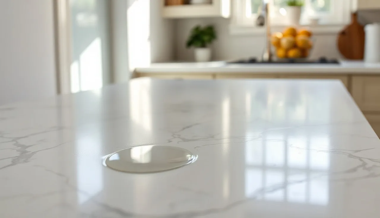 White marble kitchen countertop with water beading on sealed surface in morning light