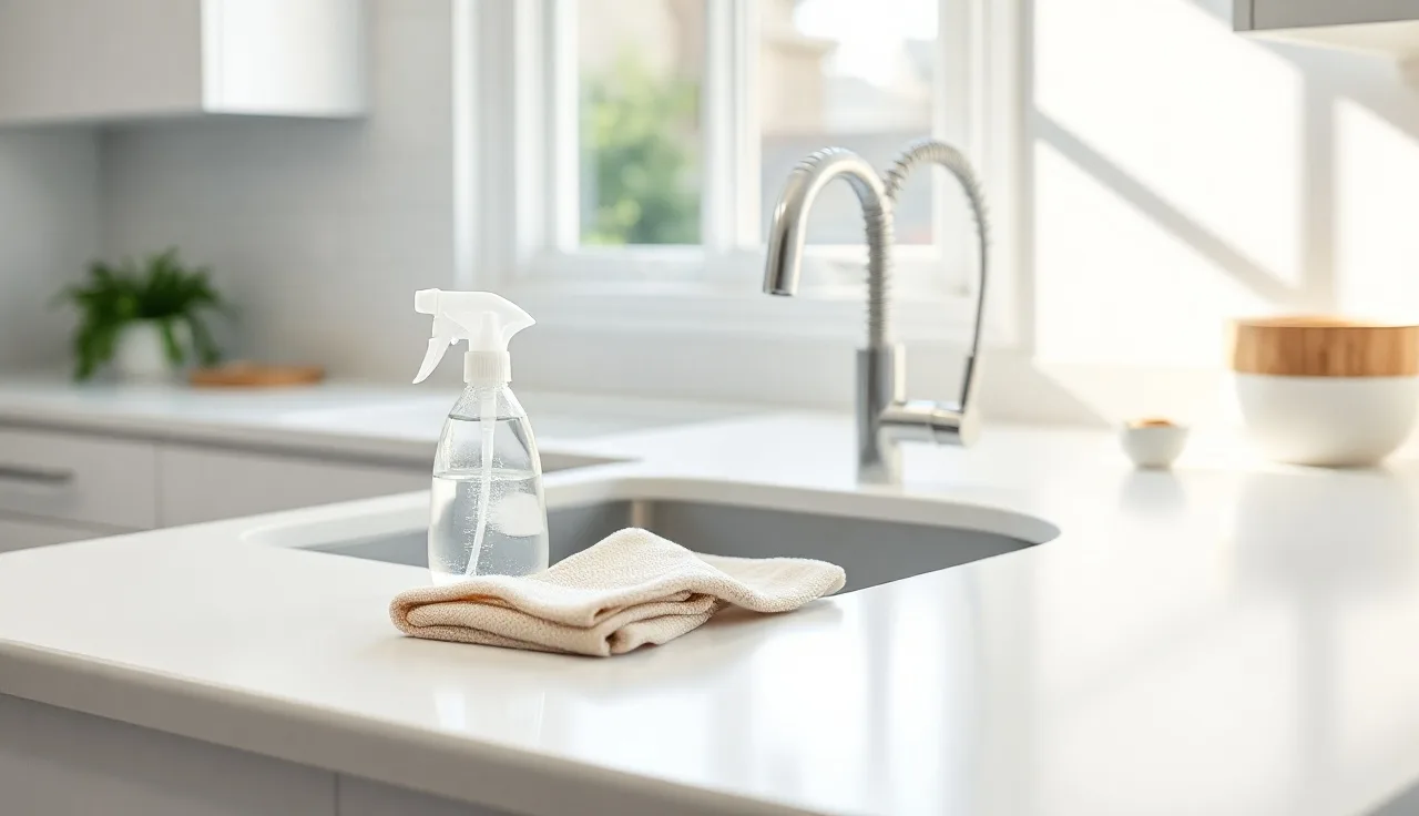 White quartz kitchen countertop being cleaned with microfiber cloth in morning light