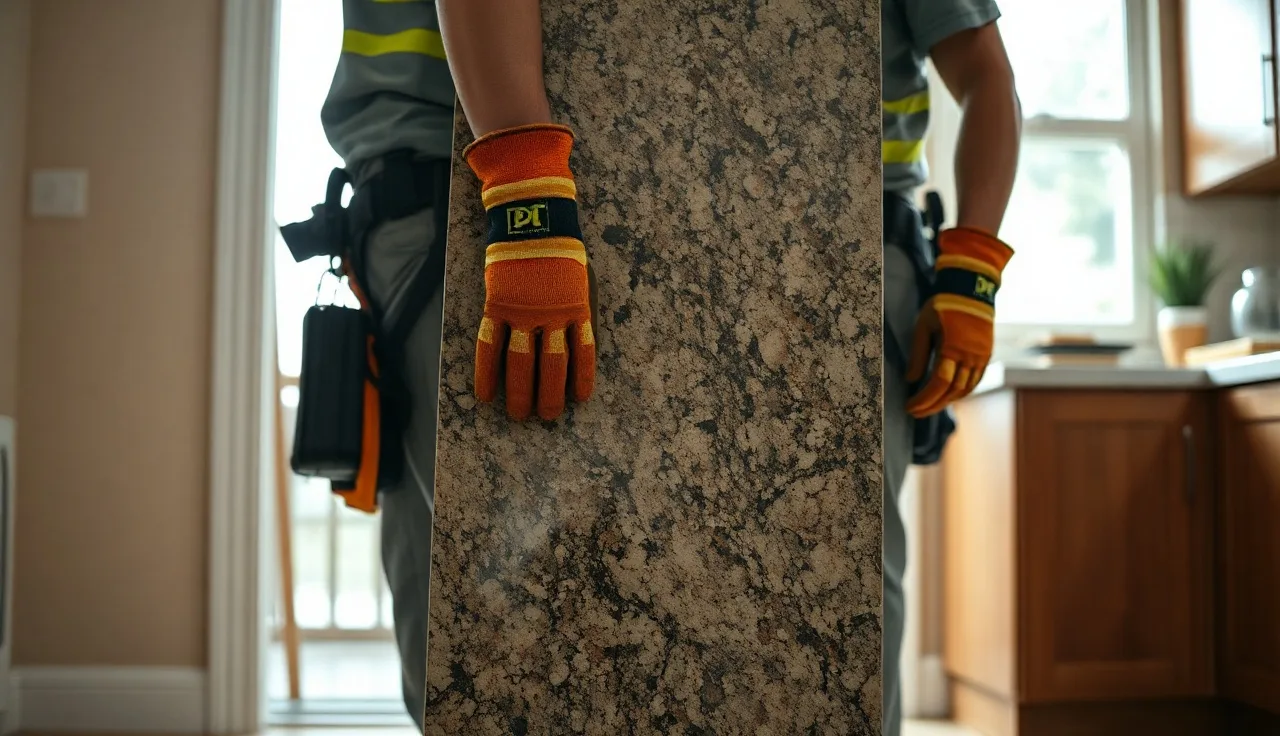Two installers carrying a granite countertop slab vertically through a kitchen doorway