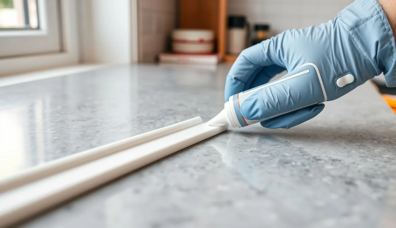 Gloved hand tooling a silicone caulk bead at a stone countertop to tile wall joint