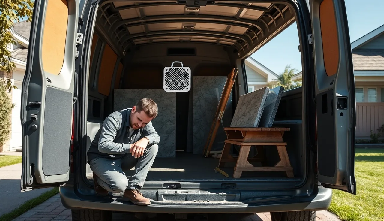 Fabricator technician by cargo van with granite slabs at residential job site