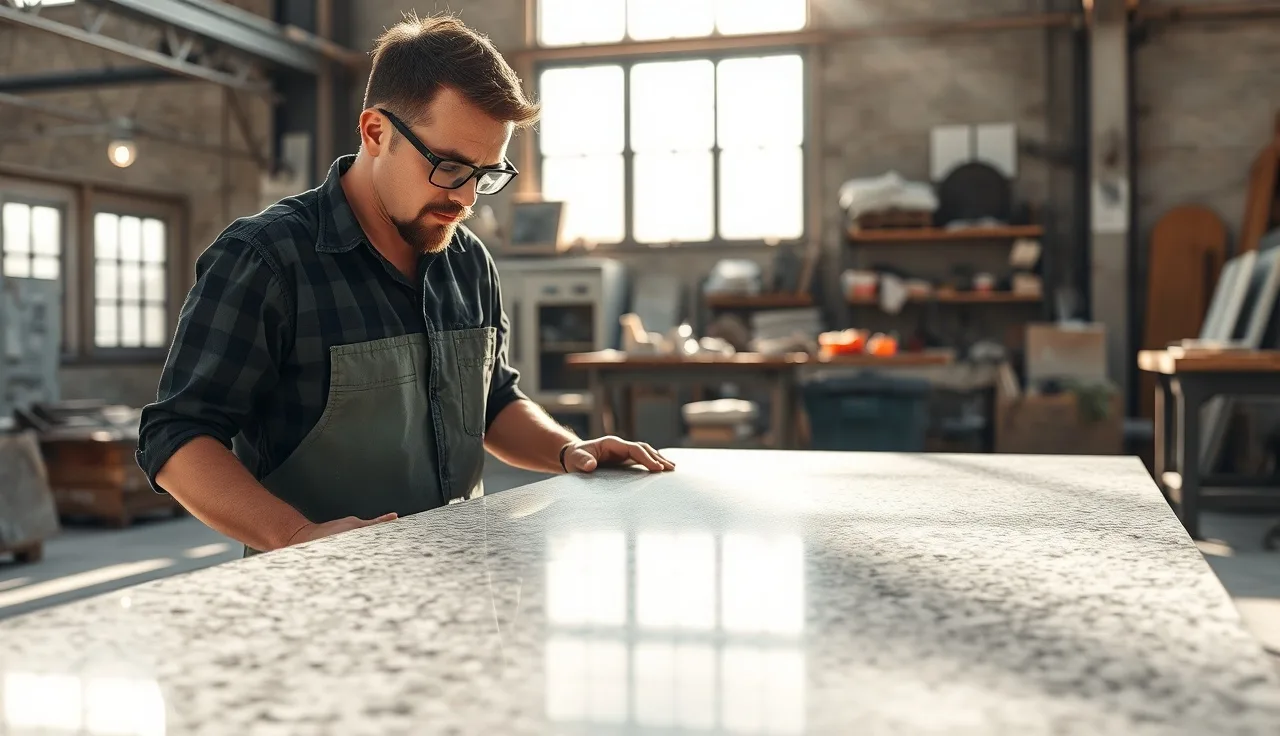 Fabricator inspecting the edge of a polished granite slab in a stone shop