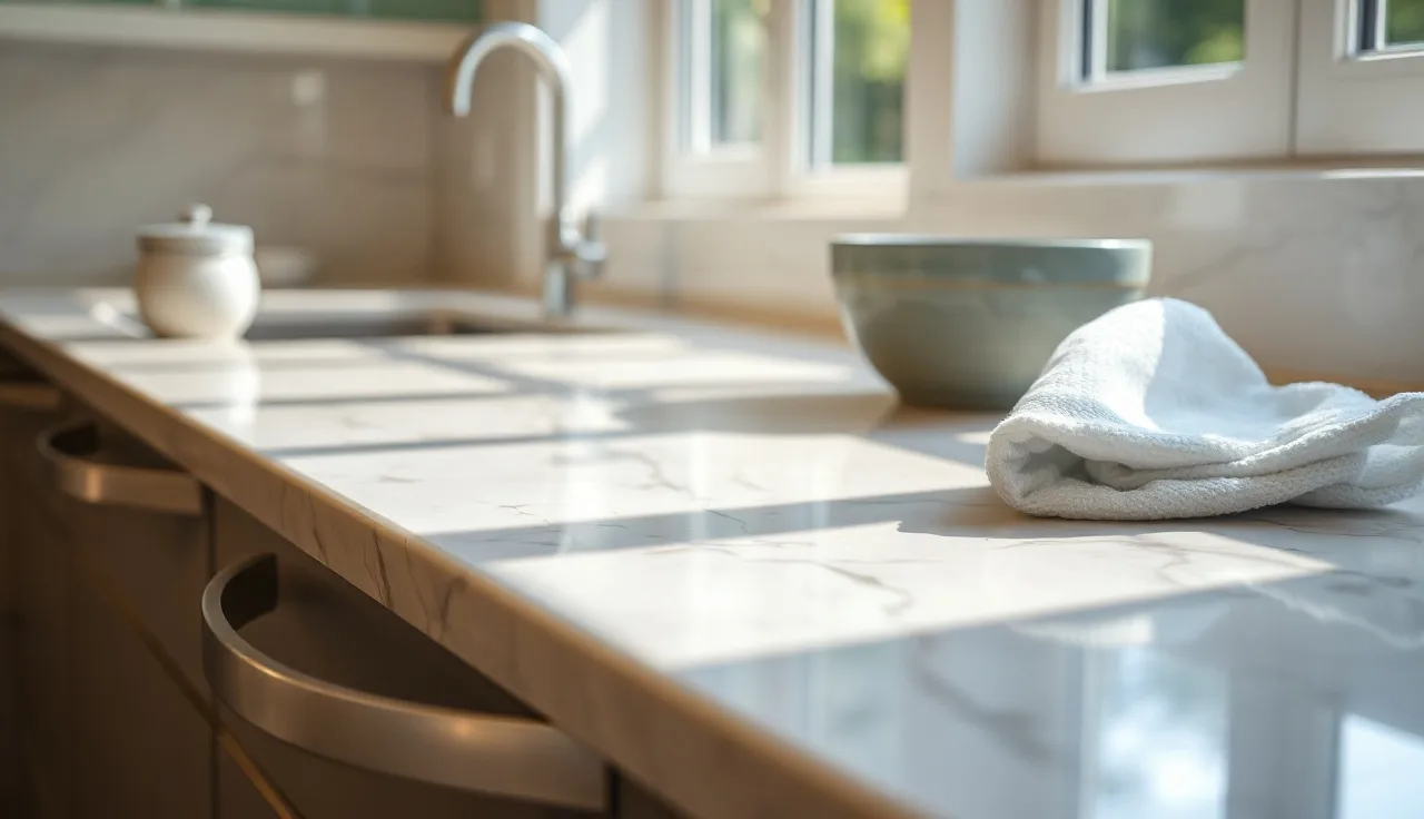White Carrara marble countertop with microfiber cloth and water bowl for cleaning