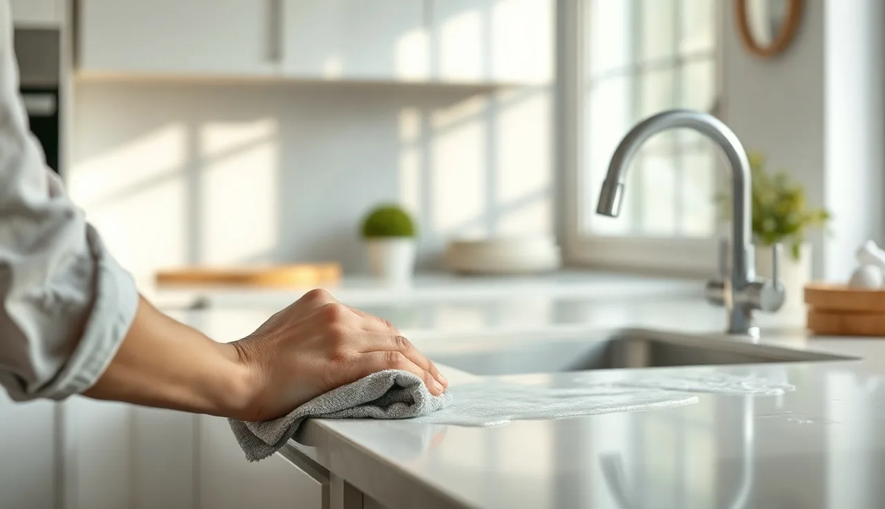 Person cleaning a white quartz countertop with a microfiber cloth near the sink