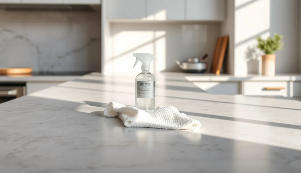 Microfiber cloth on a pale quartzite kitchen countertop being cleaned