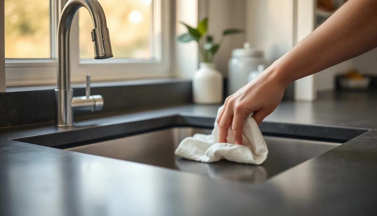 Hand wiping a dark soapstone kitchen countertop with a white cloth
