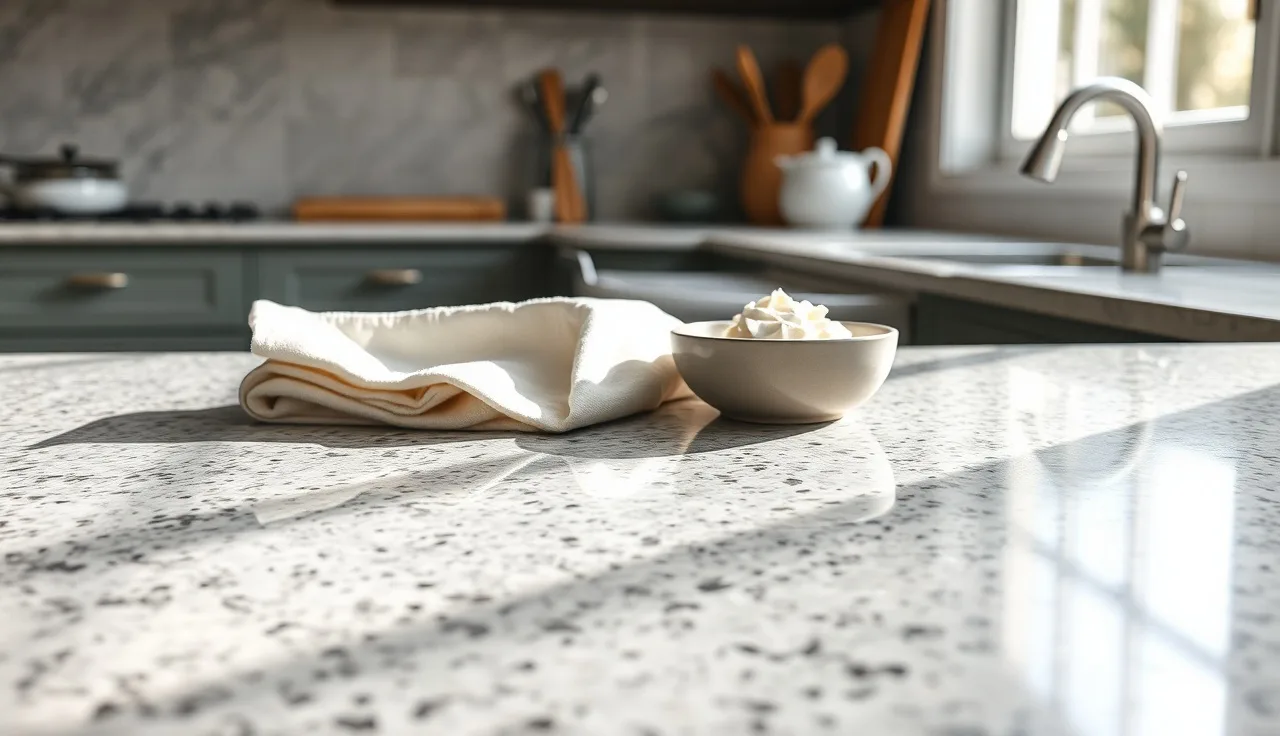 White poultice paste and cloth on a pale granite countertop being cleaned