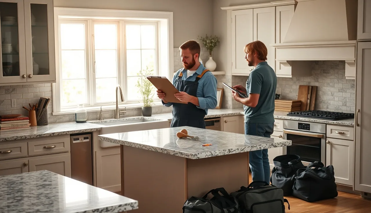 Installer and homeowner reviewing final paperwork over a newly installed granite countertop