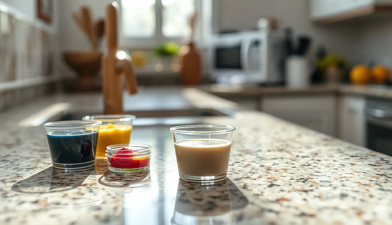 Close-up view of epoxy color matching tools beside a granite countertop chip repair