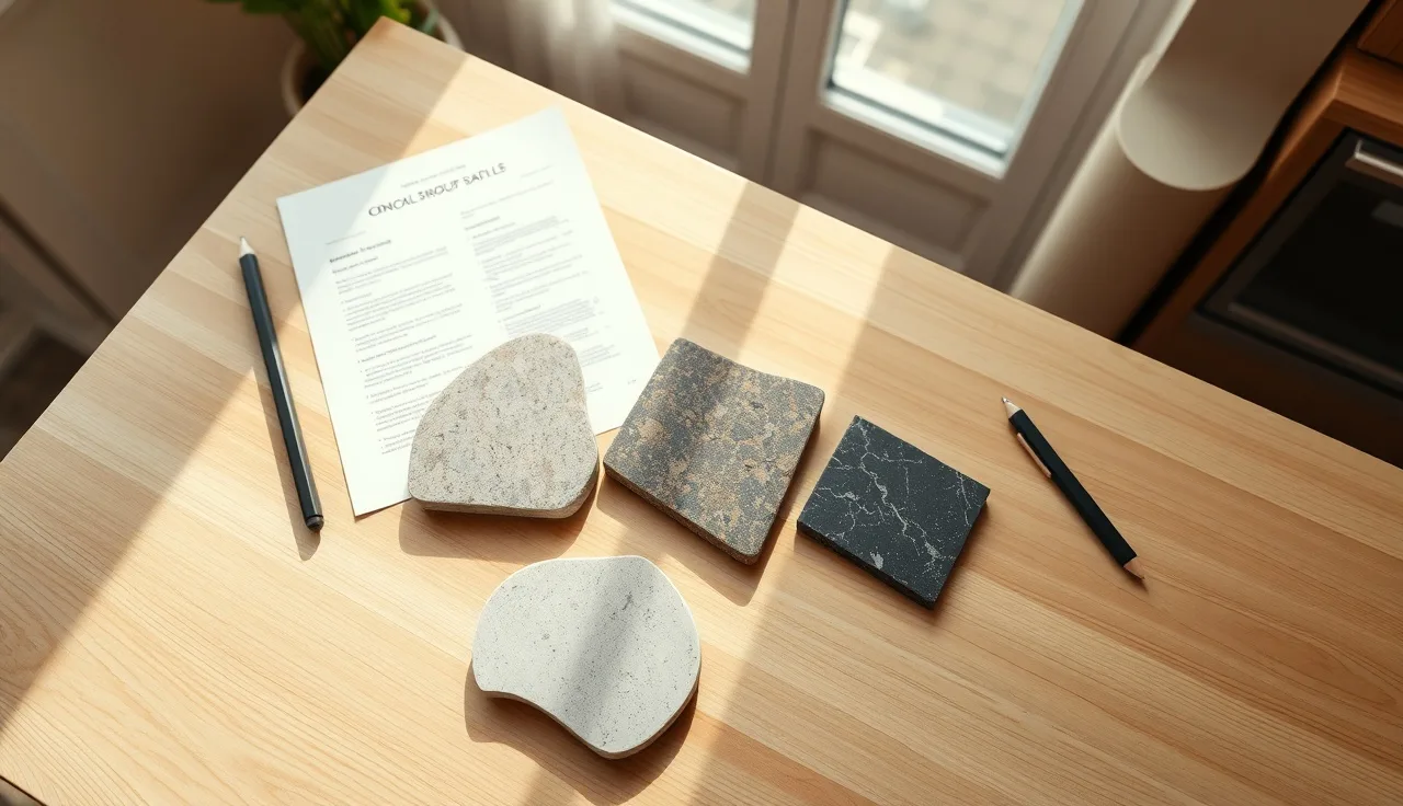Stone countertop samples beside a printed quote document on a kitchen table