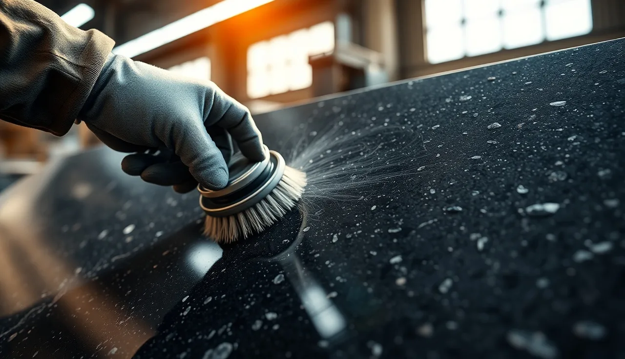 Fabricator brushing a granite slab to create a leathered matte texture in a stone shop