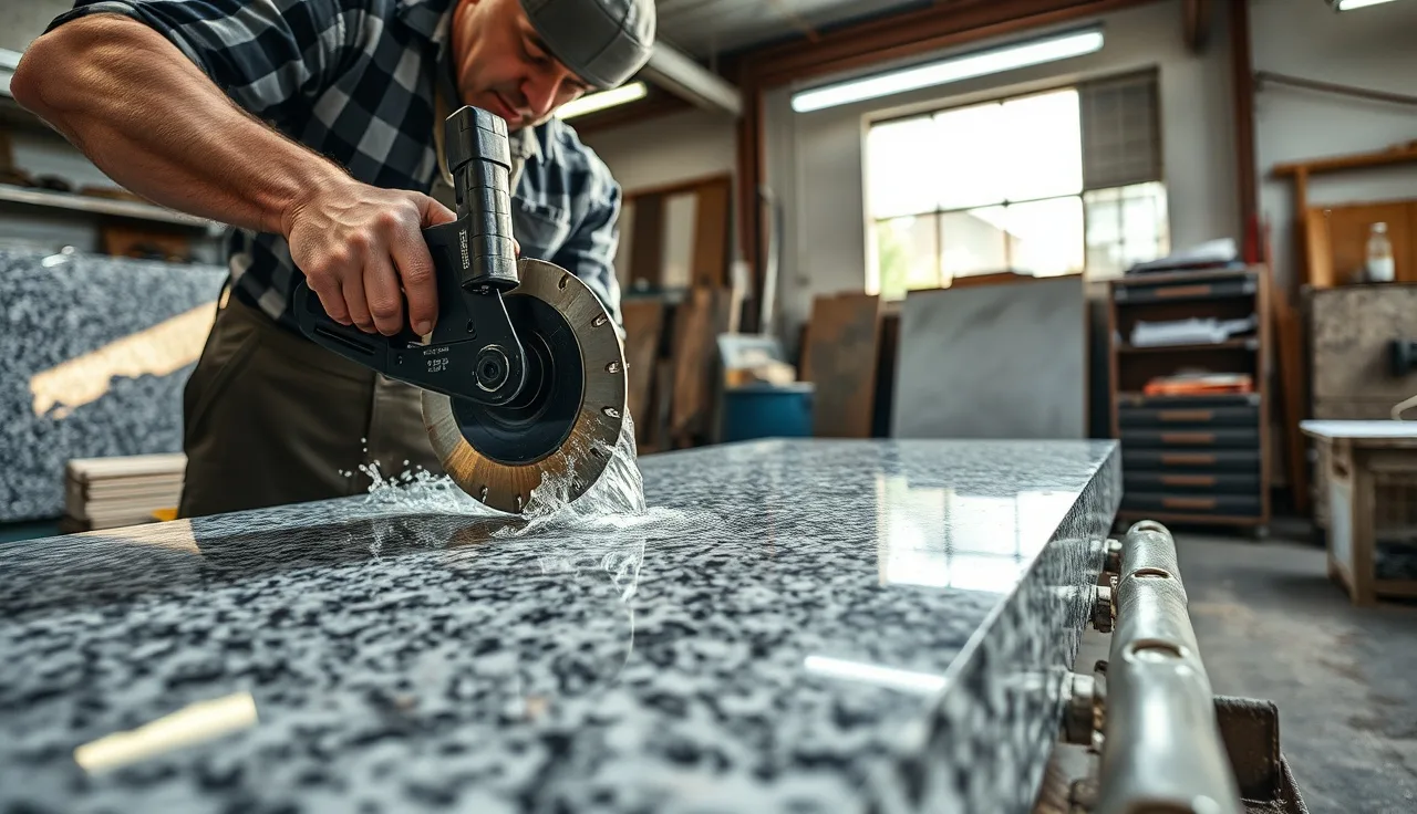Fabricator making a wet saw cut through a granite slab in a stone shop