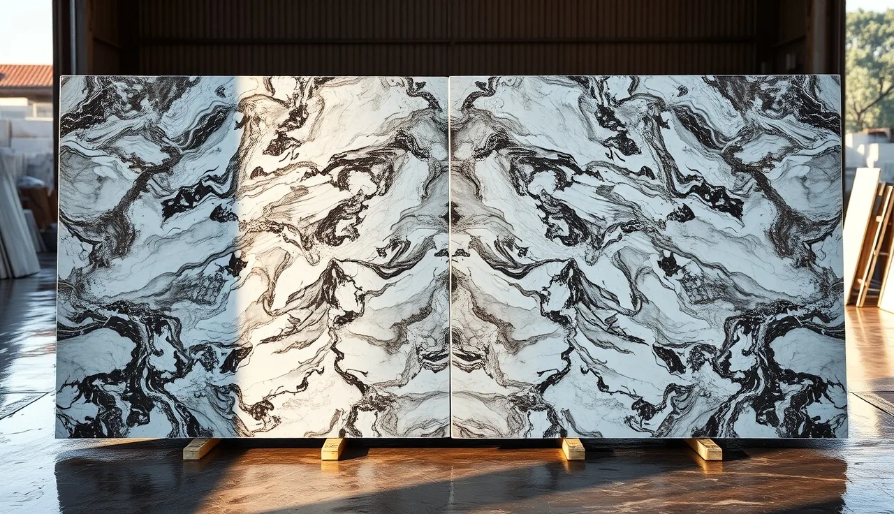 Two wet marble slabs positioned side by side showing mirror-image bookmatched veining