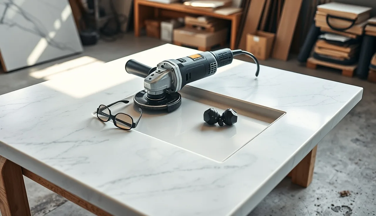 Diamond blade angle grinder on a quartz slab marked for a cooktop opening cut