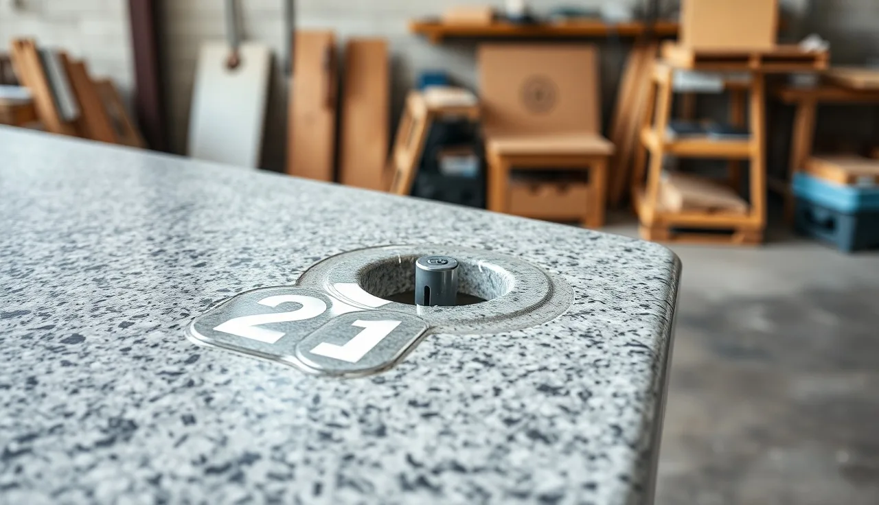 Diamond hole saw cutting a clean circular outlet opening in a grey granite countertop