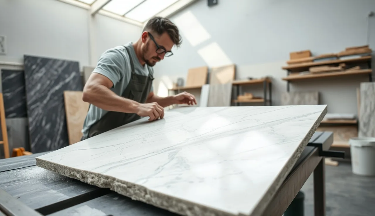 Fabricator cutting a large marble stone backsplash panel on a wet tile saw in a shop