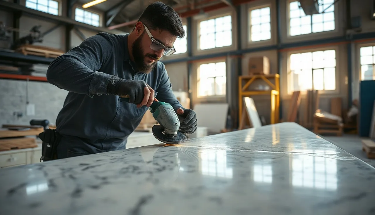 Fabricator cutting a farmhouse sink opening in a granite slab with a wet angle grinder